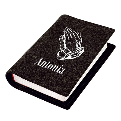 Anthrazit Buchhülle für Gesangbuch oder Bibel mit betenden Händen und Name Antonia als Geschenkidee
