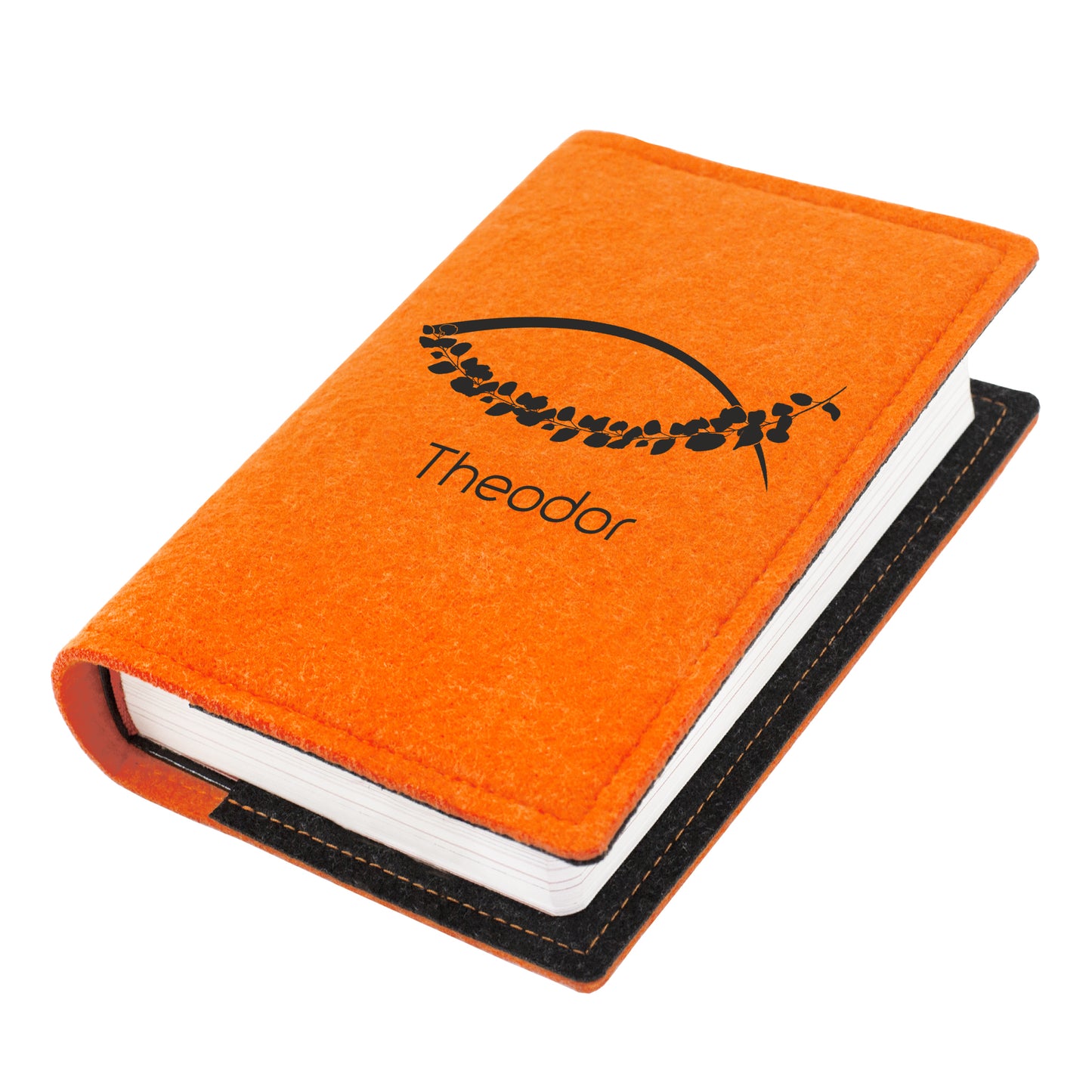 Orange Buchhülle aus Filz mit schwarzem Ichthys Fisch Motiv und Name Theodor für Gotteslob, Gebetsbuch oder Bibel