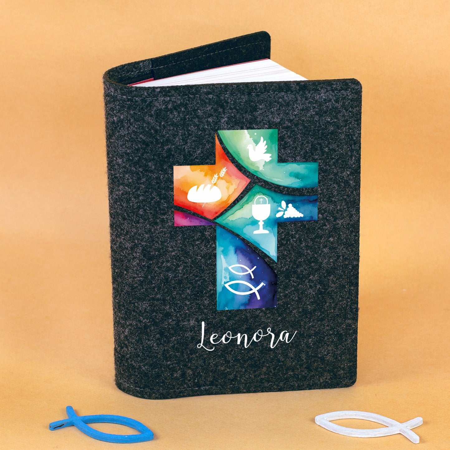Personalisierte Buchhülle für Gotteslob & Gesangbuch mit Watercolor Kreuz | Anthrazit oder Orange (neu)