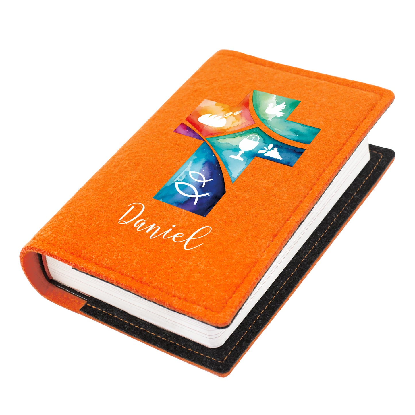 Personalisierte Buchhülle für Gotteslob & Gesangbuch mit Watercolor Kreuz | Anthrazit oder Orange (neu)