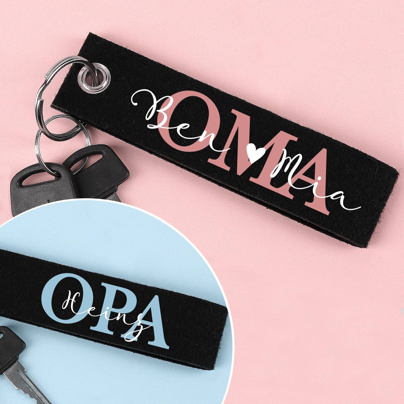 Filz Schlüsselanhänger in Schwarz für Oma oder Opa mit Text nach Wunsch