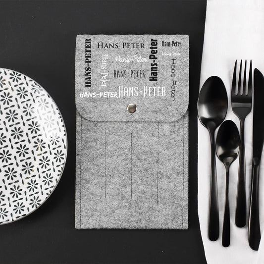 Bestecktasche aus Filz mit Name in verschiedenen Schriftarten bedruckt