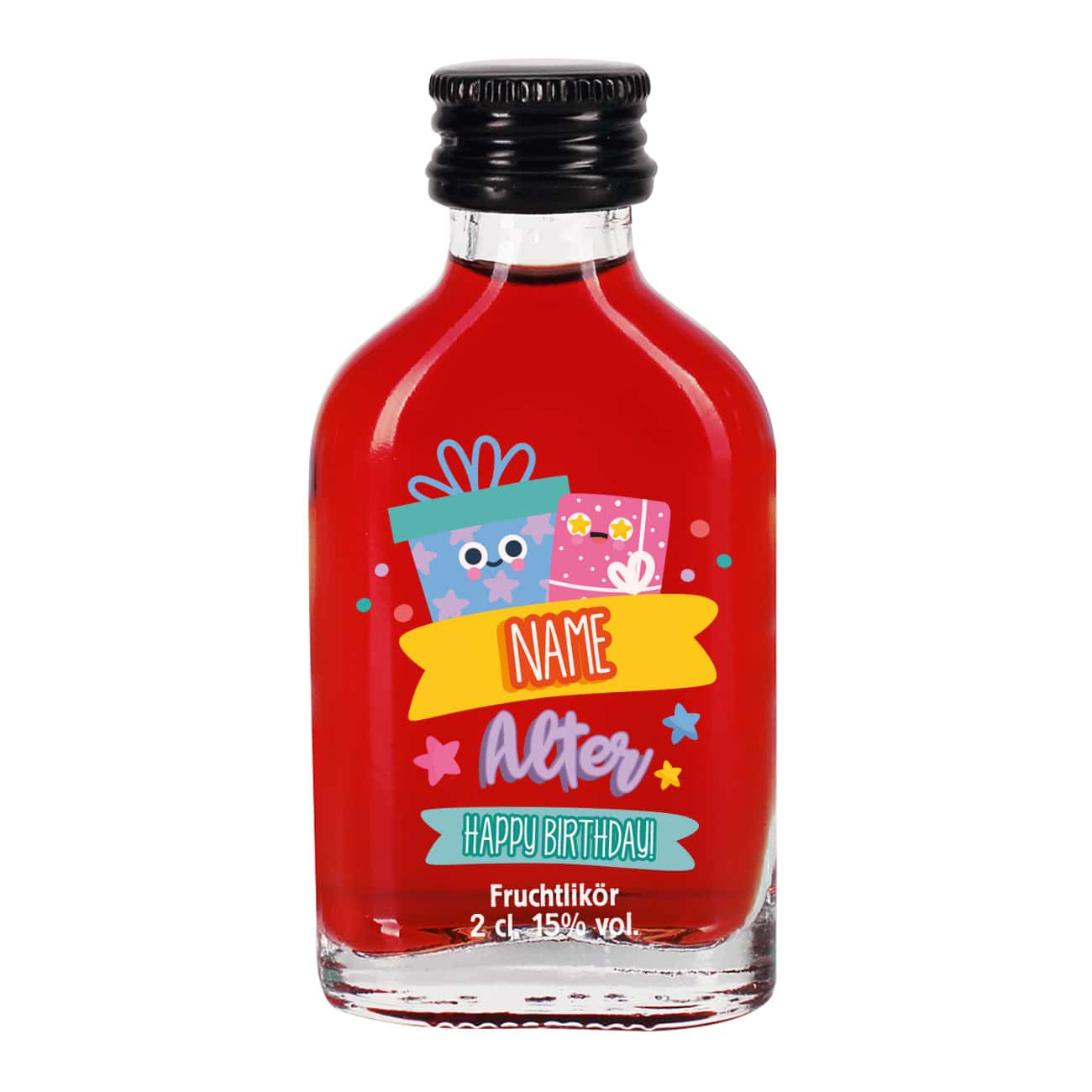 bedruckter Fruchtlikör mit Ihrem Wunschnamen und Wunschalter