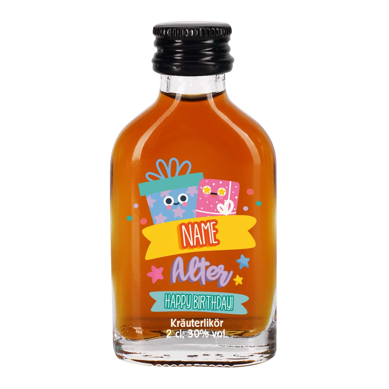 bedruckter Kräuterschnaps mit Ihrem Wunschnamen und Wunschalter