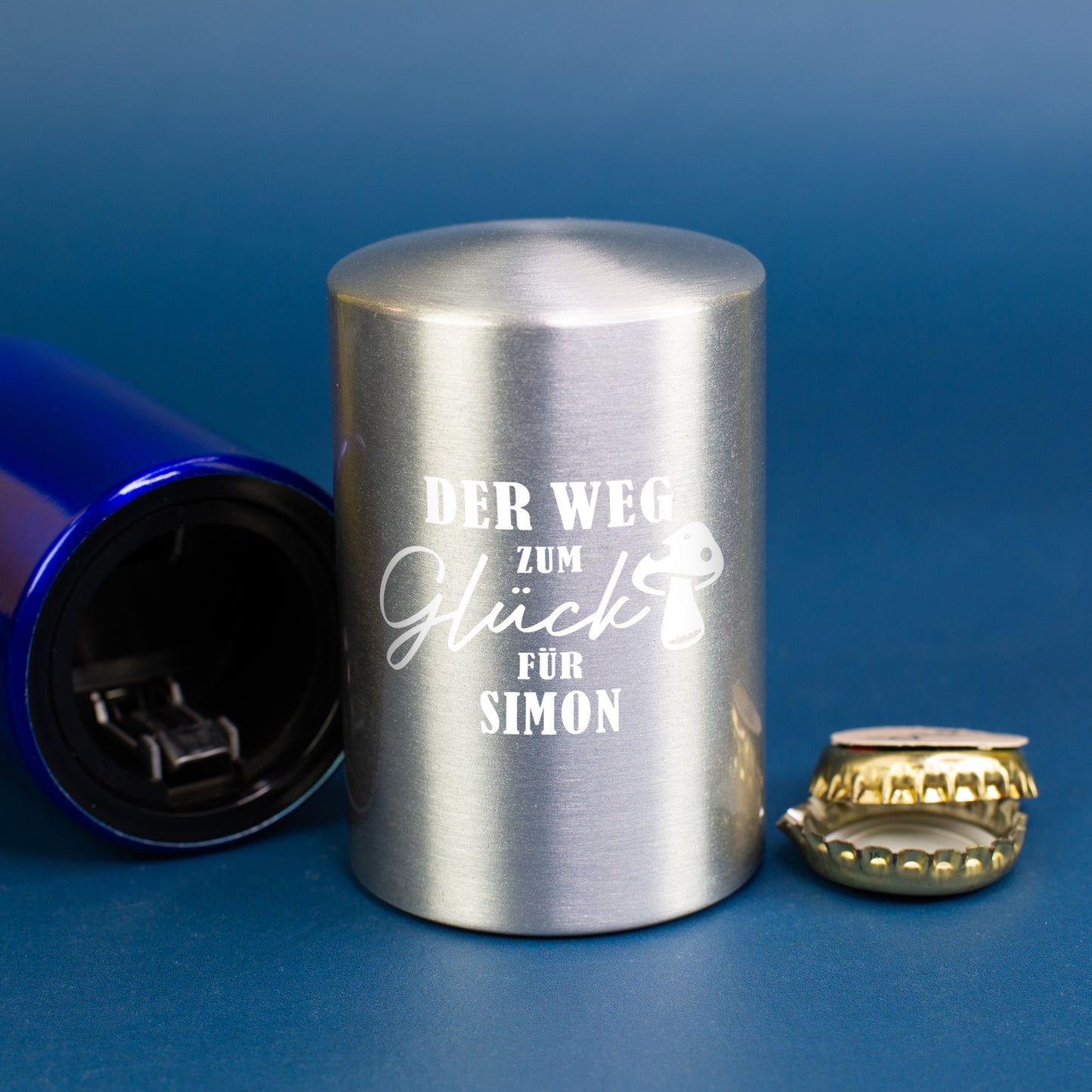 Silberfarbener Push-Up Flaschenöffner mit Namensdruck, hochwertiger automatischer Bieröffner aus Metall