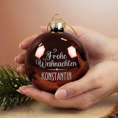 Weihnachtskugel mit Name graviert 'Frohe Weihnachten' | Christbaumkugel 8 cm in Burgund Rot