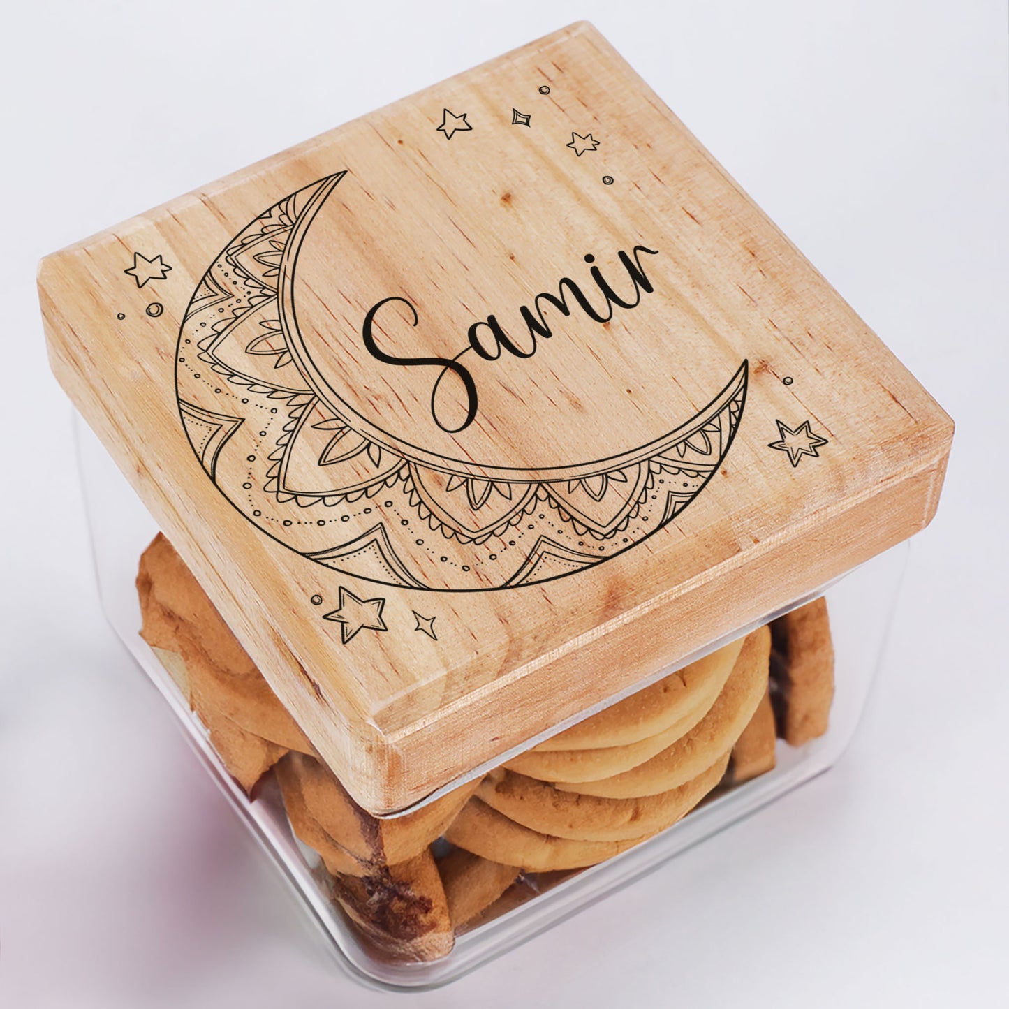 Keksdose / Vorratsglas „Mondsichel“ mit Wunschname für Ramadan & festliche Anlässe