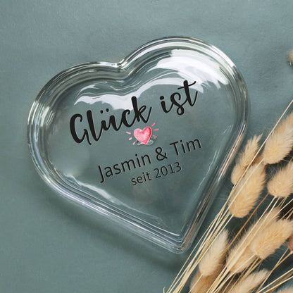 Glück ist... Herzdose aus Glas mit Ihrem Wunschtext bedruckt