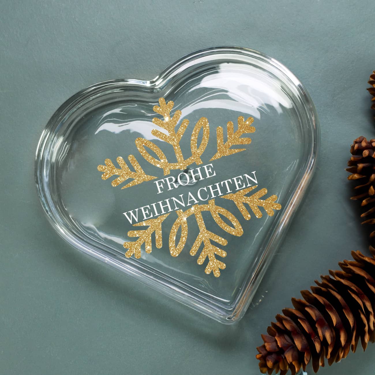 Herzdose aus Glas mit Aufdruck