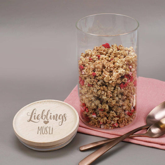 große Glasdose mit Holzdeckel für Lebensmittel