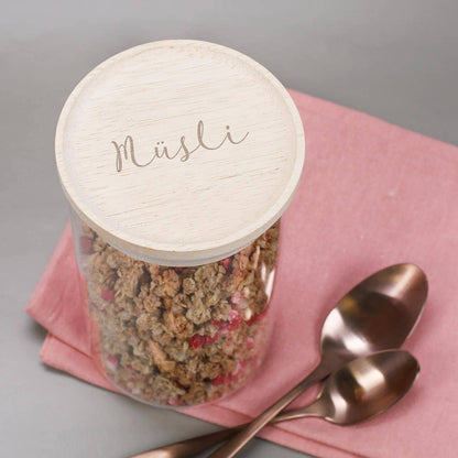 Glasdose mit Holzdeckel und persönlicher Gravur