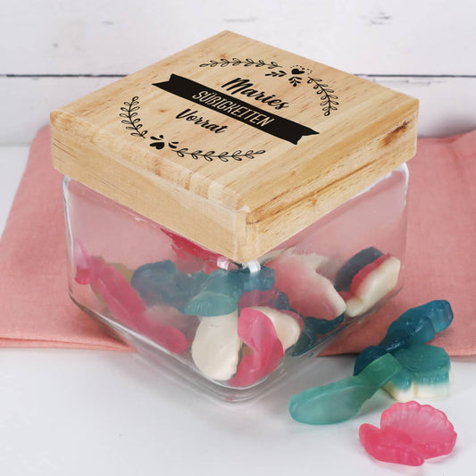 Quadratisches Vorratsglas mit persönlich bedrucktem Holzdeckel