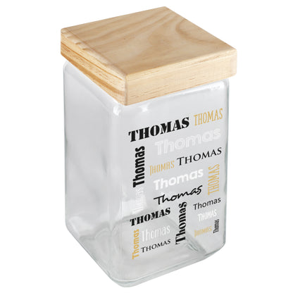 Glasdose mit Namensaufdruck – auf hellem Untergrund