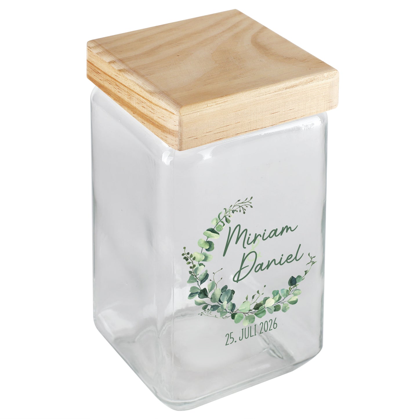 Glasdose mit Bambusdeckel und Eukalyptuskranz, bedruckt mit Miriam und Daniel