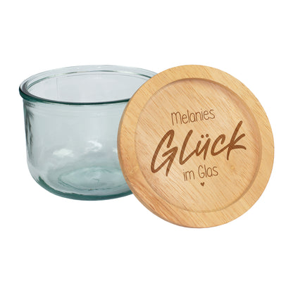 Vorratsglas 'Glück im Glas' mit Name personalisiert 600 ml | Handgearbeitetes Glas mit Holzdeckel