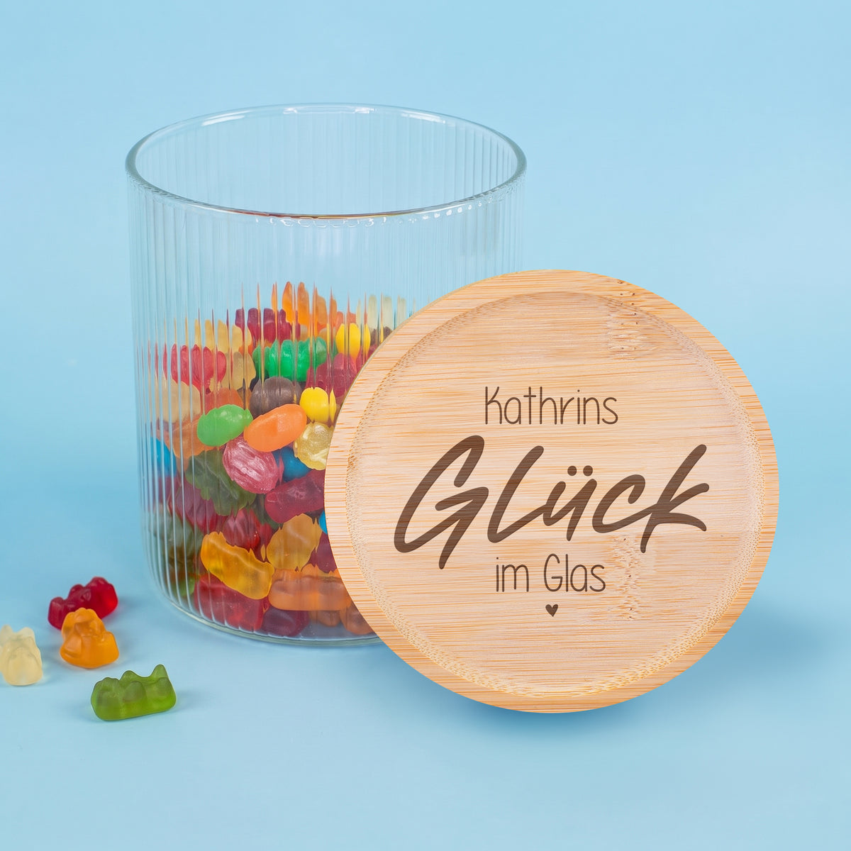 Personalisiertes Vorratsglas Glück im Glas mit Name Kathrin und graviertem Bambusdeckel