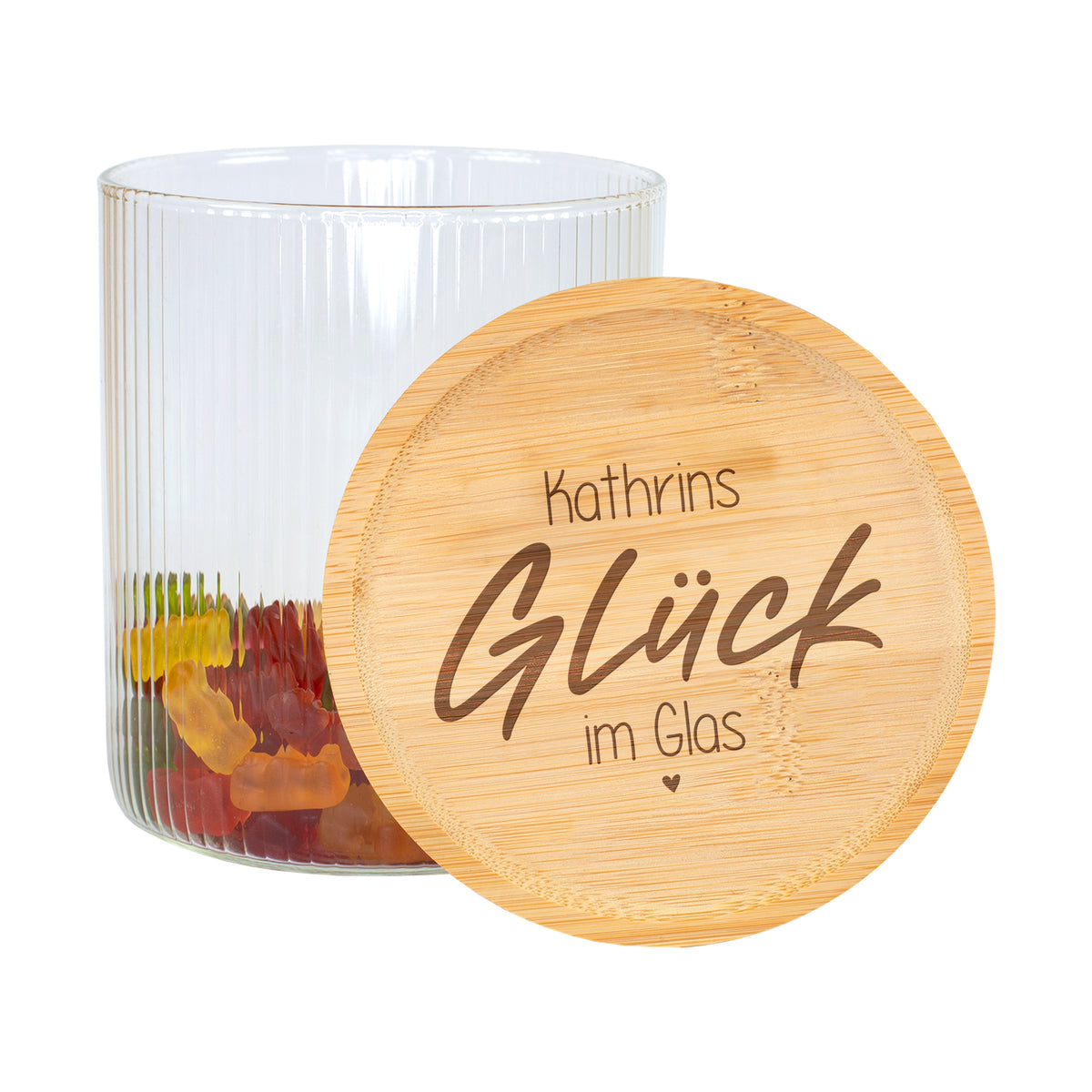 Vorratsglas mit graviertem Bambusdeckel als Glücksbringergeschenk zum Befüllen