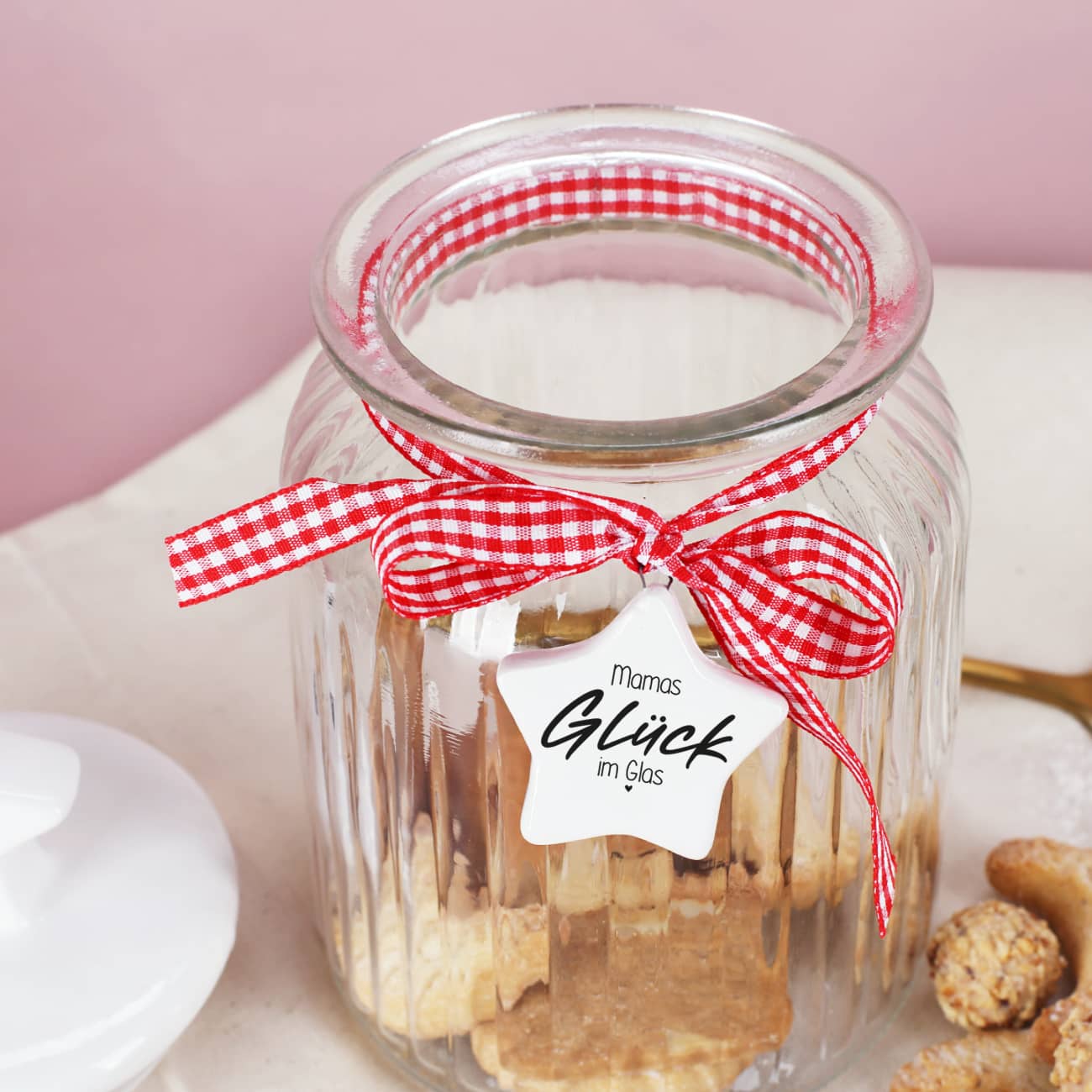 Glück im Glas - Keksdose mit bedrucktem Sternanhänger
