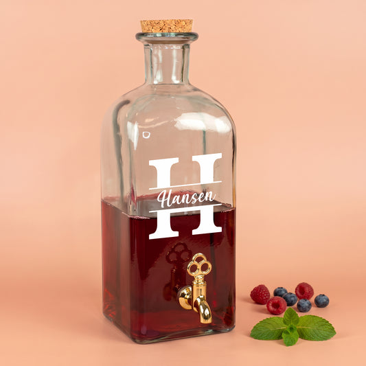 Personalisierter Glas Getränkespender mit Zapfhahn, Initiale und Name, für Fruchtschorle
