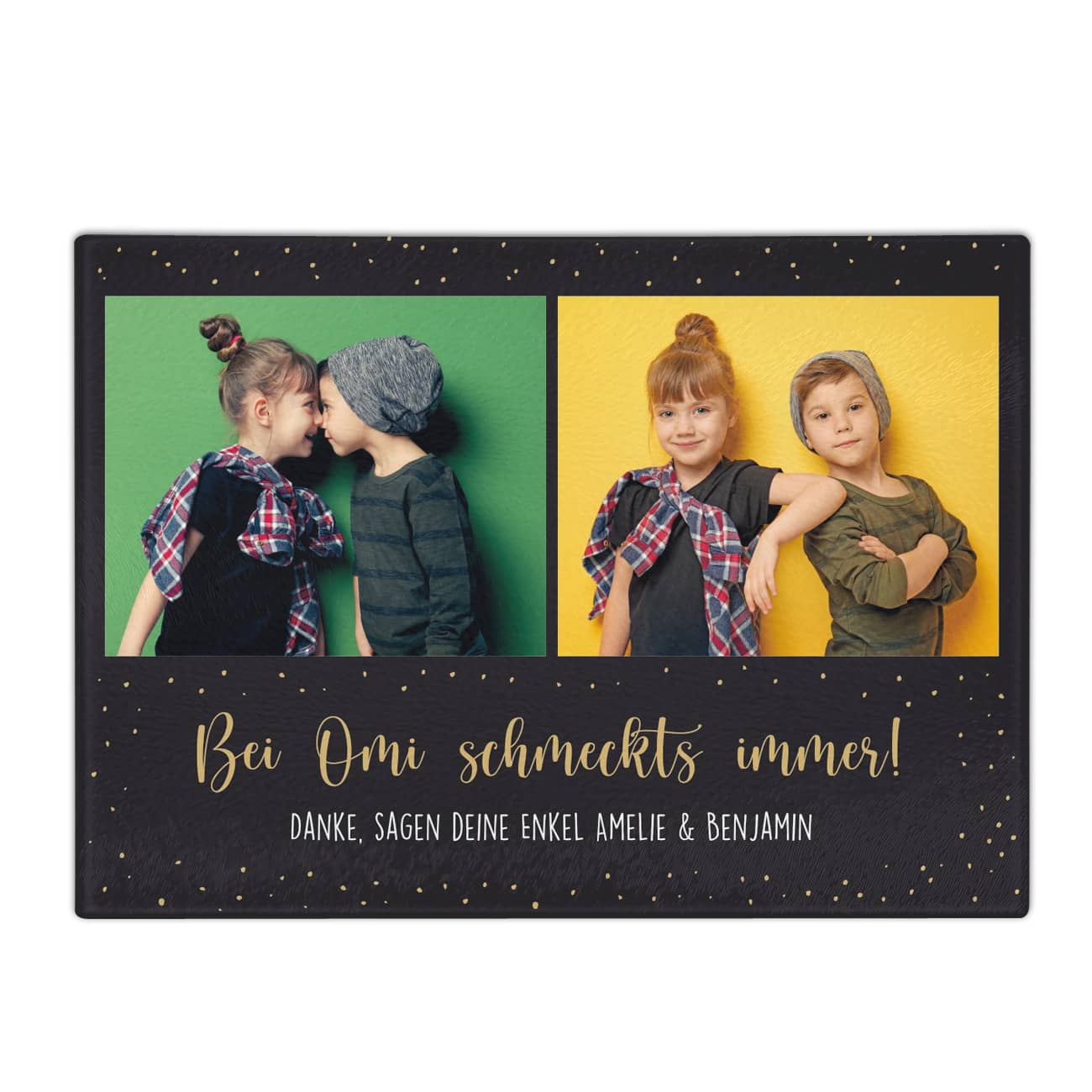 Großes Glasschneidebrett mit Fotos und zwei Zeilen Text