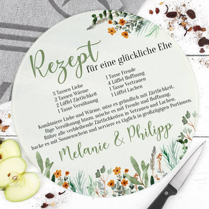 Glasbrettchen mit Rezept für eine glückliche Ehe und Wunschnamen
