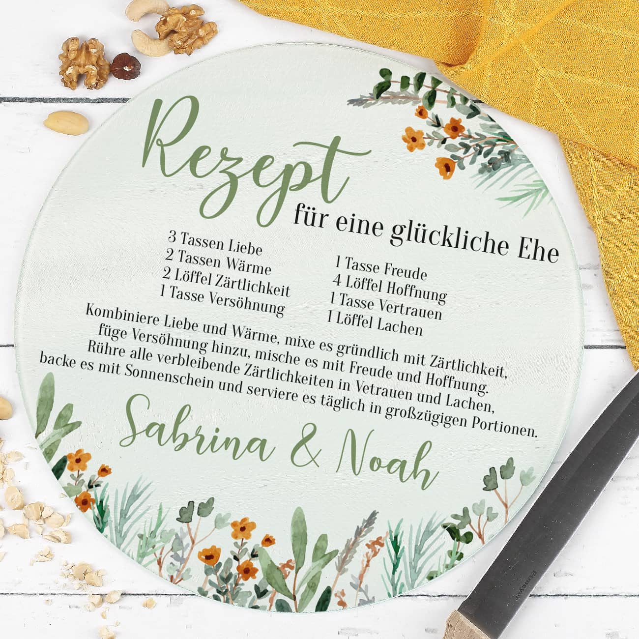 Watercolor Blumen Motiv Rezept für eine glückliche Ehe als Hochzeitsgeschenk