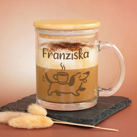 Glastasse mit Bambusdeckel, Kaffee und personalisiertem Namen Franziska