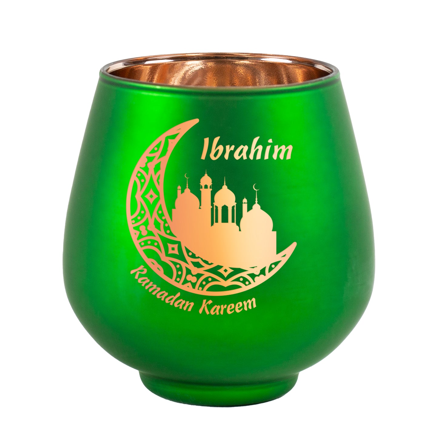 Freigestelltes grünes Ramadan-Windlicht mit Namensgravur und Halbmondmotiv