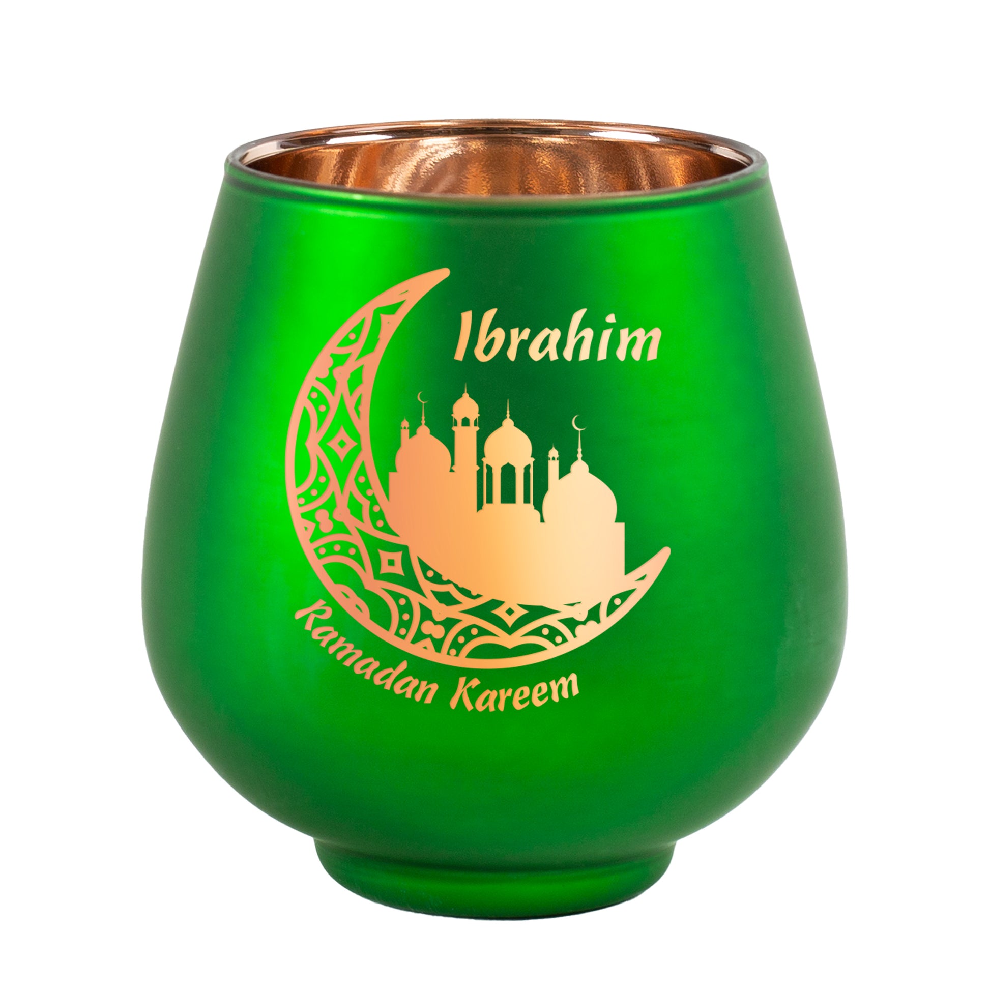 Freigestelltes grünes Ramadan-Windlicht mit Namensgravur und Halbmondmotiv