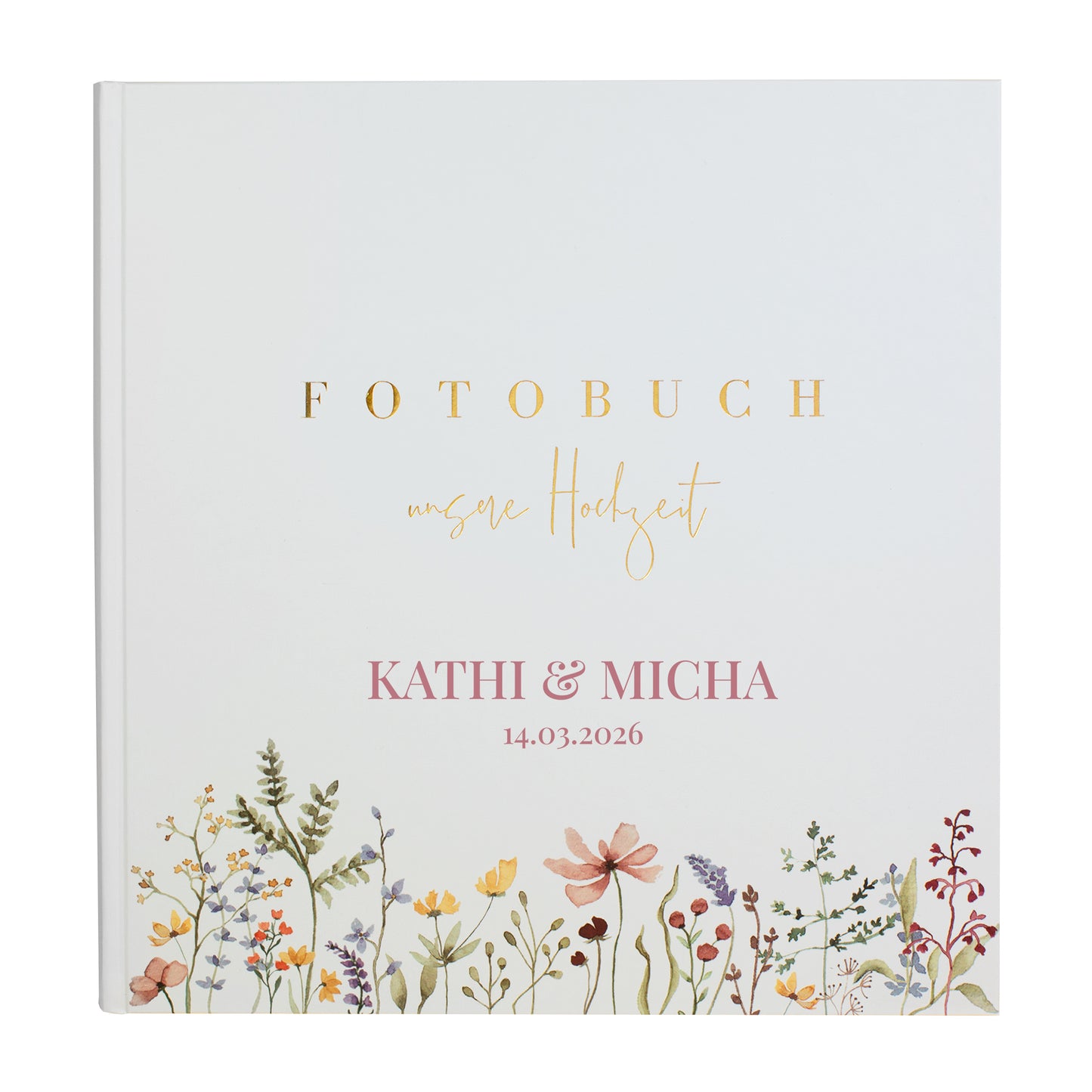 Hochzeitsalbum mit Wildblumen-Verzierung und edler Goldprägung als Geschenkidee. Personalisierung in rosa.