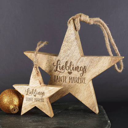 Holzstern zum Aufhängen aus Mangoholz mit Gravur