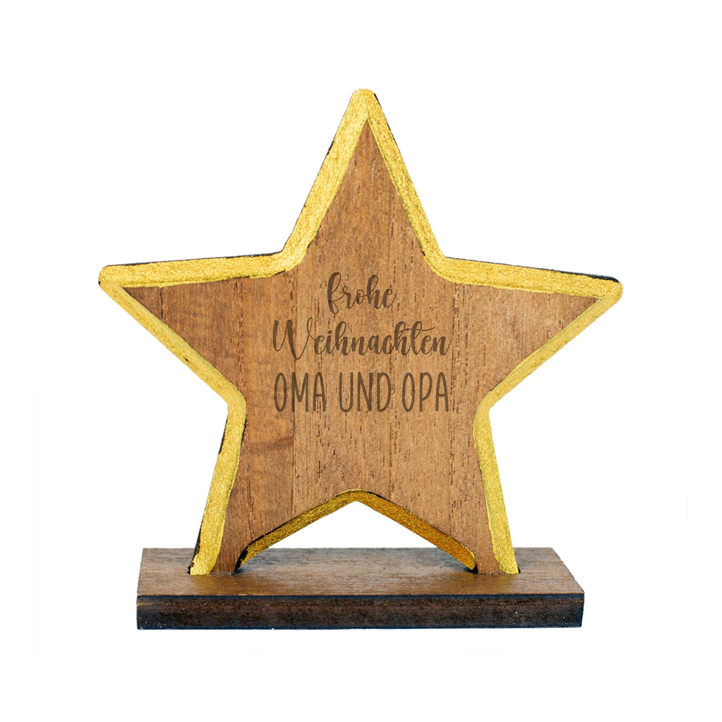 Holzstern freigestellt mit Gravur Frohe Weihnachten Oma und Opa, goldfarbener Rand, stabile Holzbasis