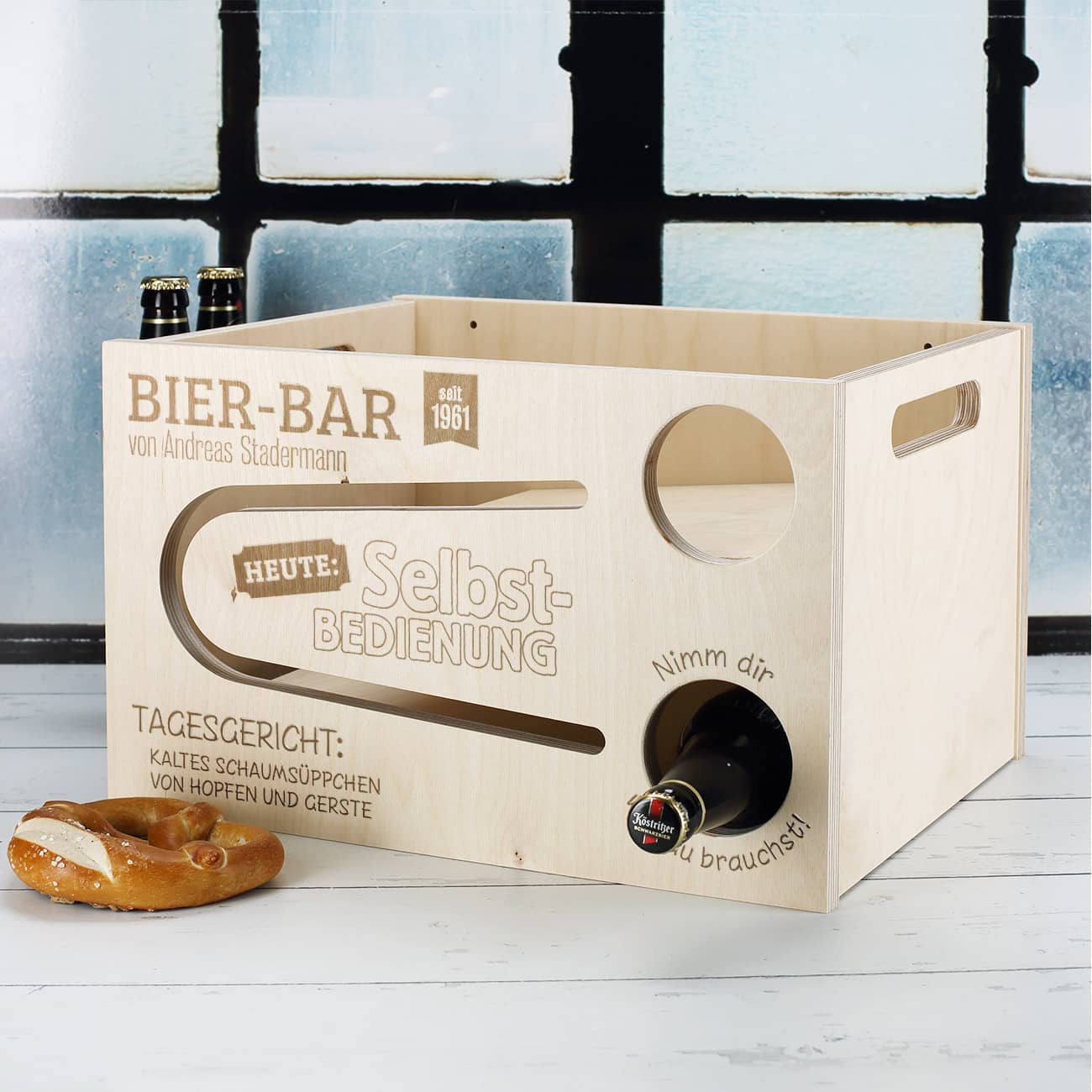 Bier-Bar - Bierrutsche mit Gravur für 12 gekühlte Bierflaschen im Getränke-Kühlschrank