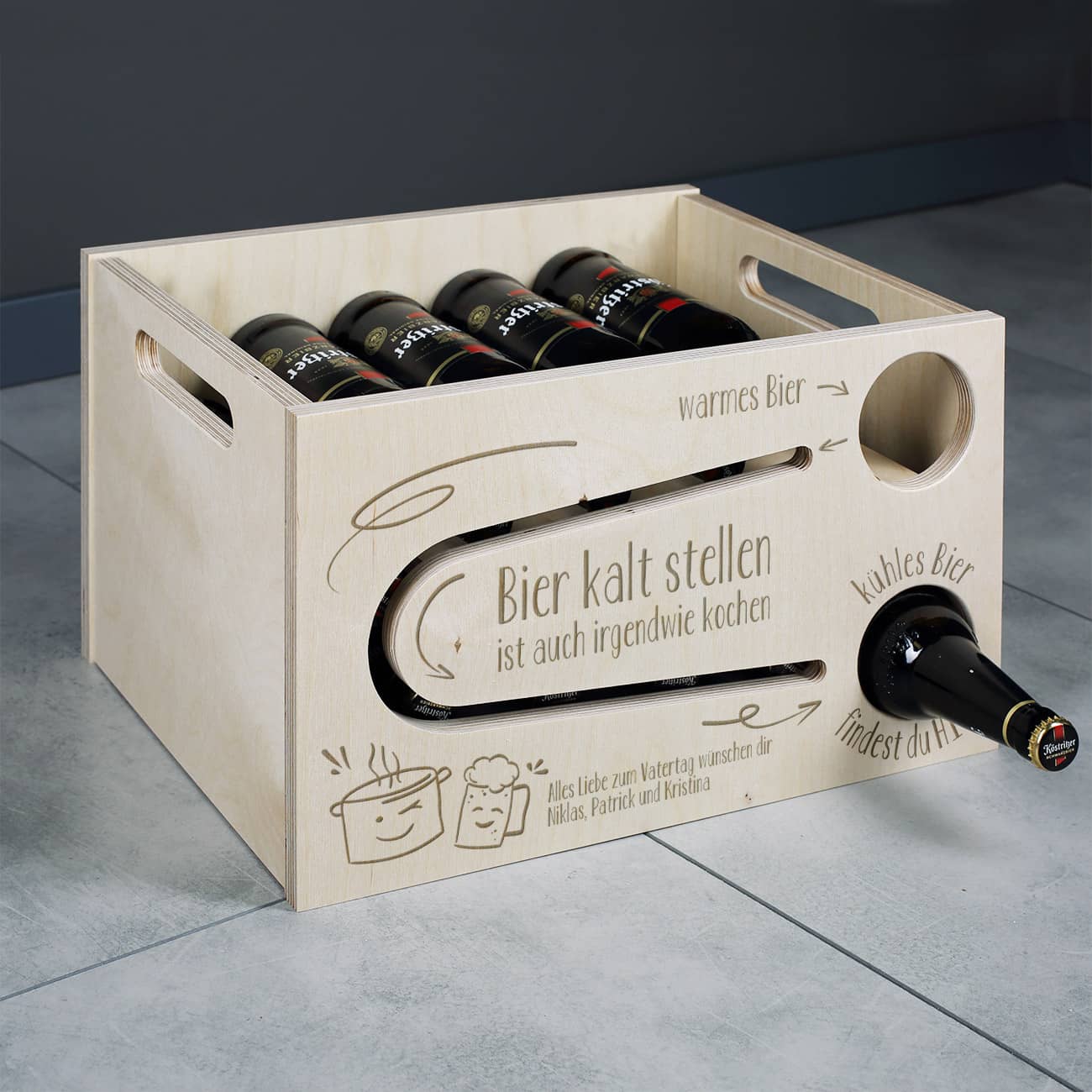 Praktische Bierrutsche mit Text personalisiert als Geschenk