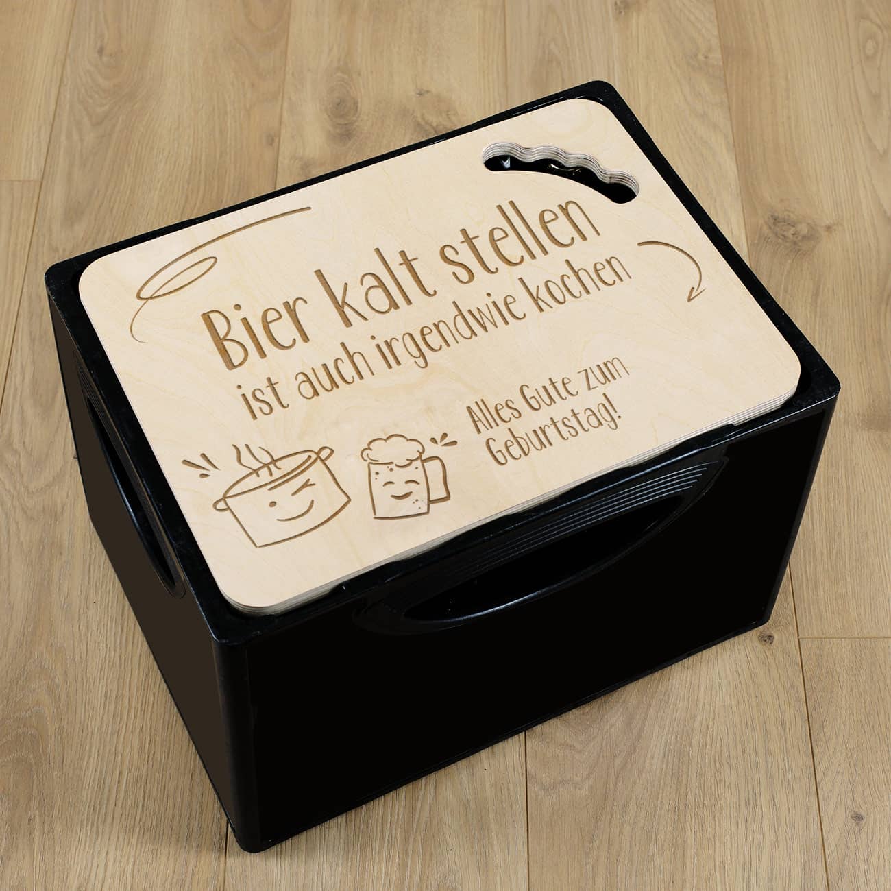 Bierkastendeckel mit lustigem Spruch, Kochtopf und Bierkrug Motiv und mit Text personalisiert
