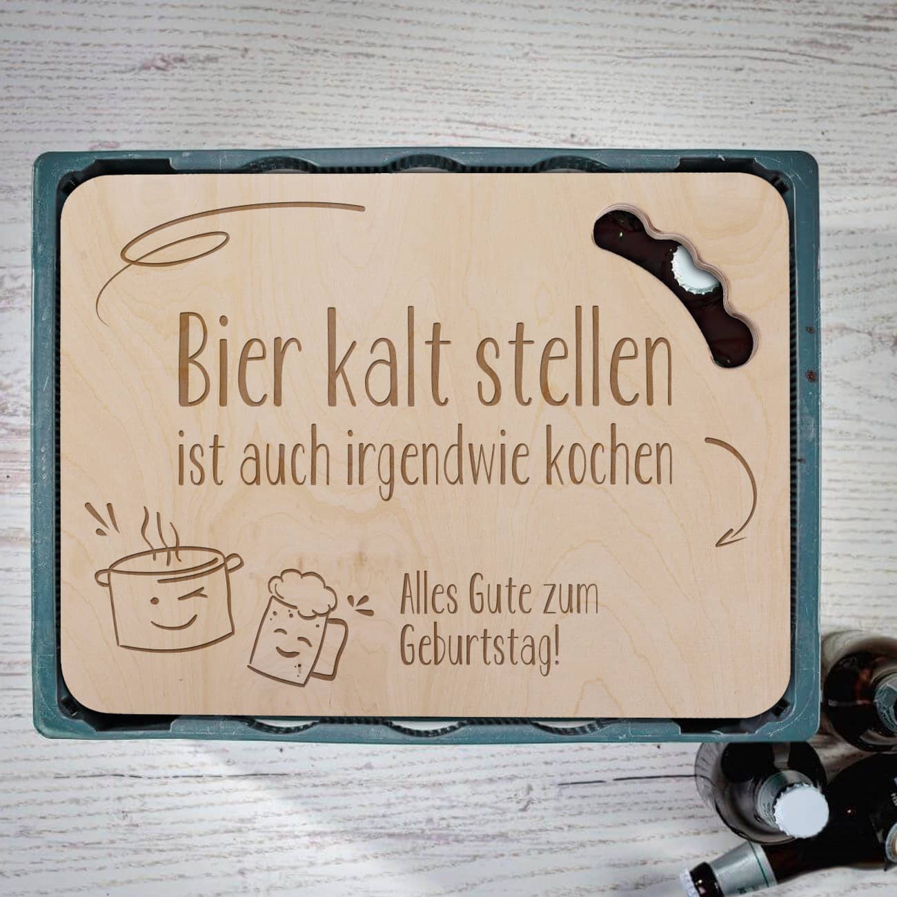 Deckel für Bierkasten aus Holz mit Griff und hochwertiger Gravur