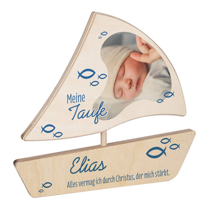 Holzboot mit Fischen in blau, Foto und Text