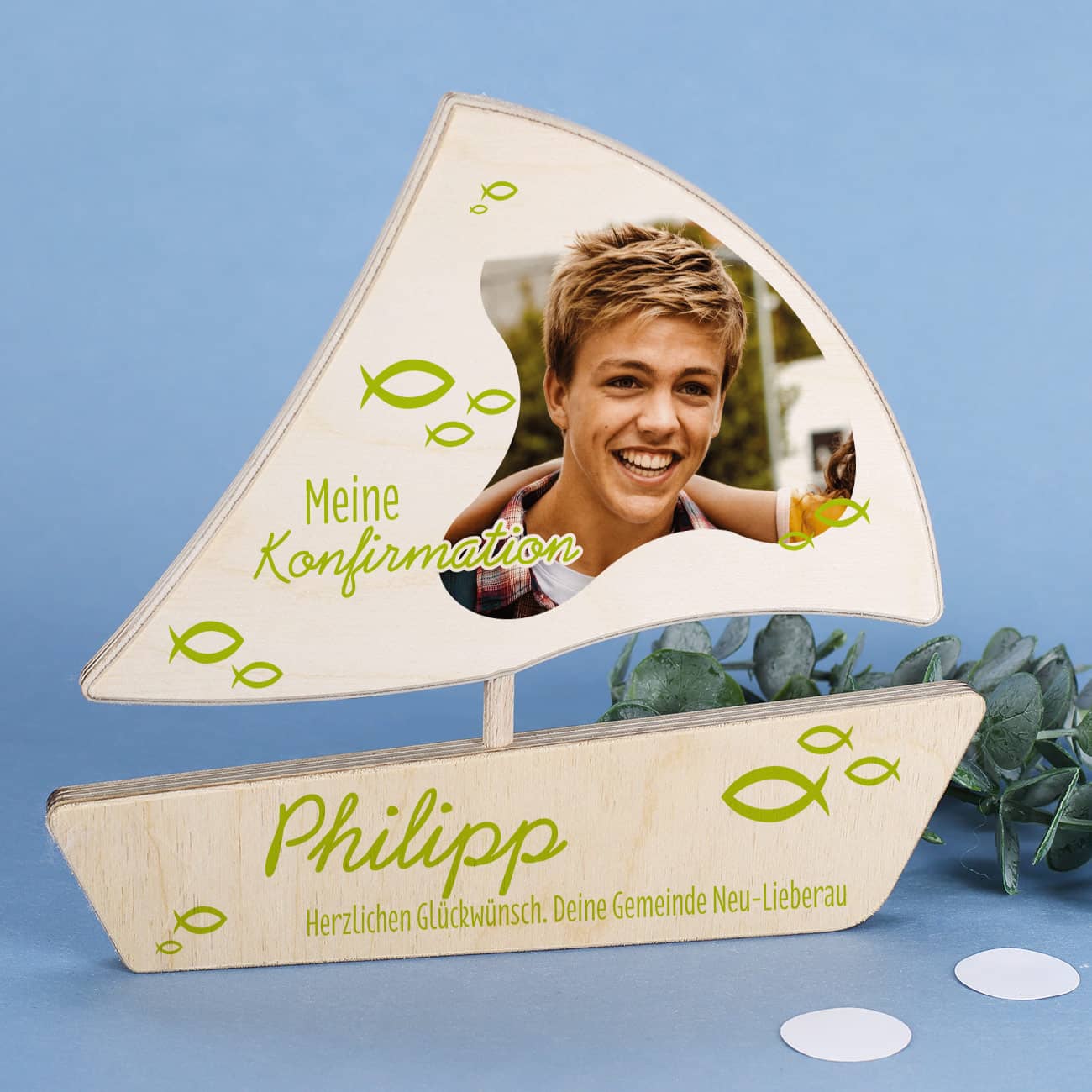 Holzboot mit Ihrem schönsten Foto und persönlichen Texten bedruckt