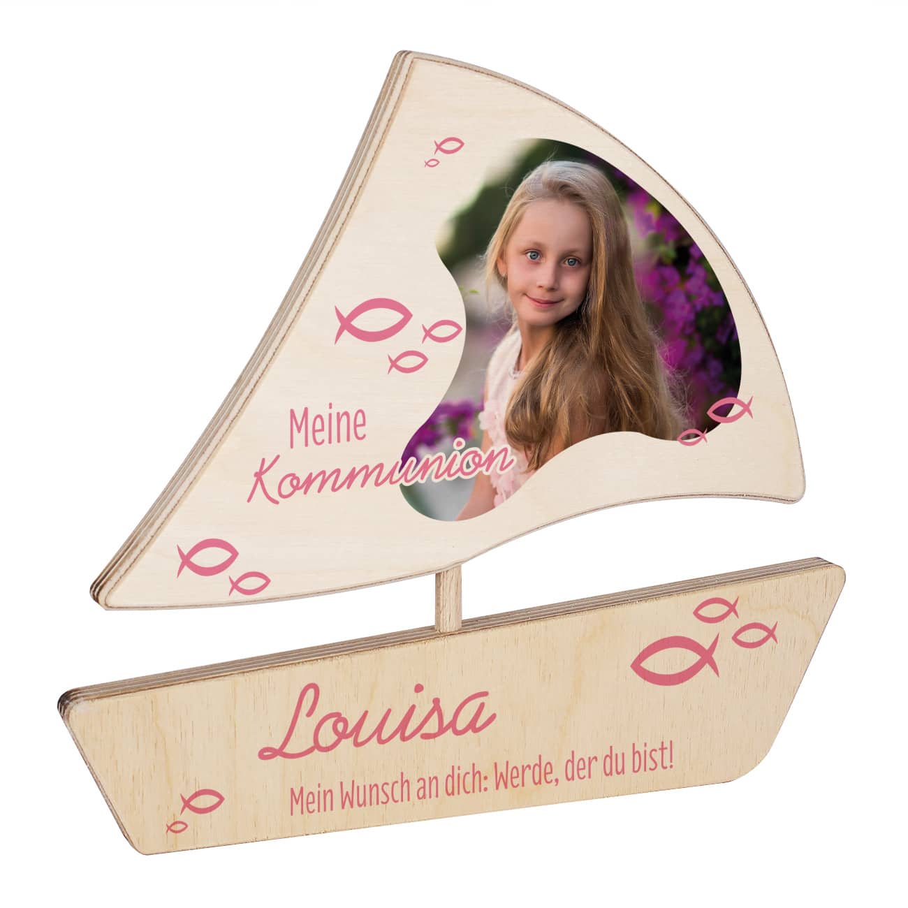 Bedrucktes Boot aus Holz für kirchliche Feste mit Fischen in Rosa, Ihrem Wunschfoto und persönlichen Angaben gestaltet