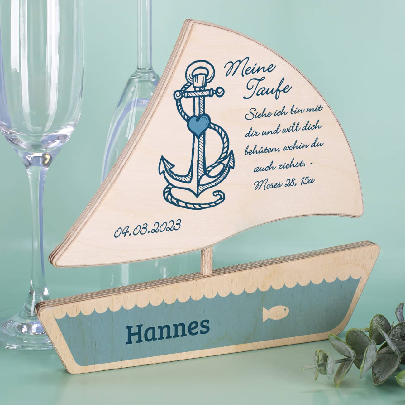 Kleines Boot zur Taufe mit Ihren Wunschangaben bedruckt