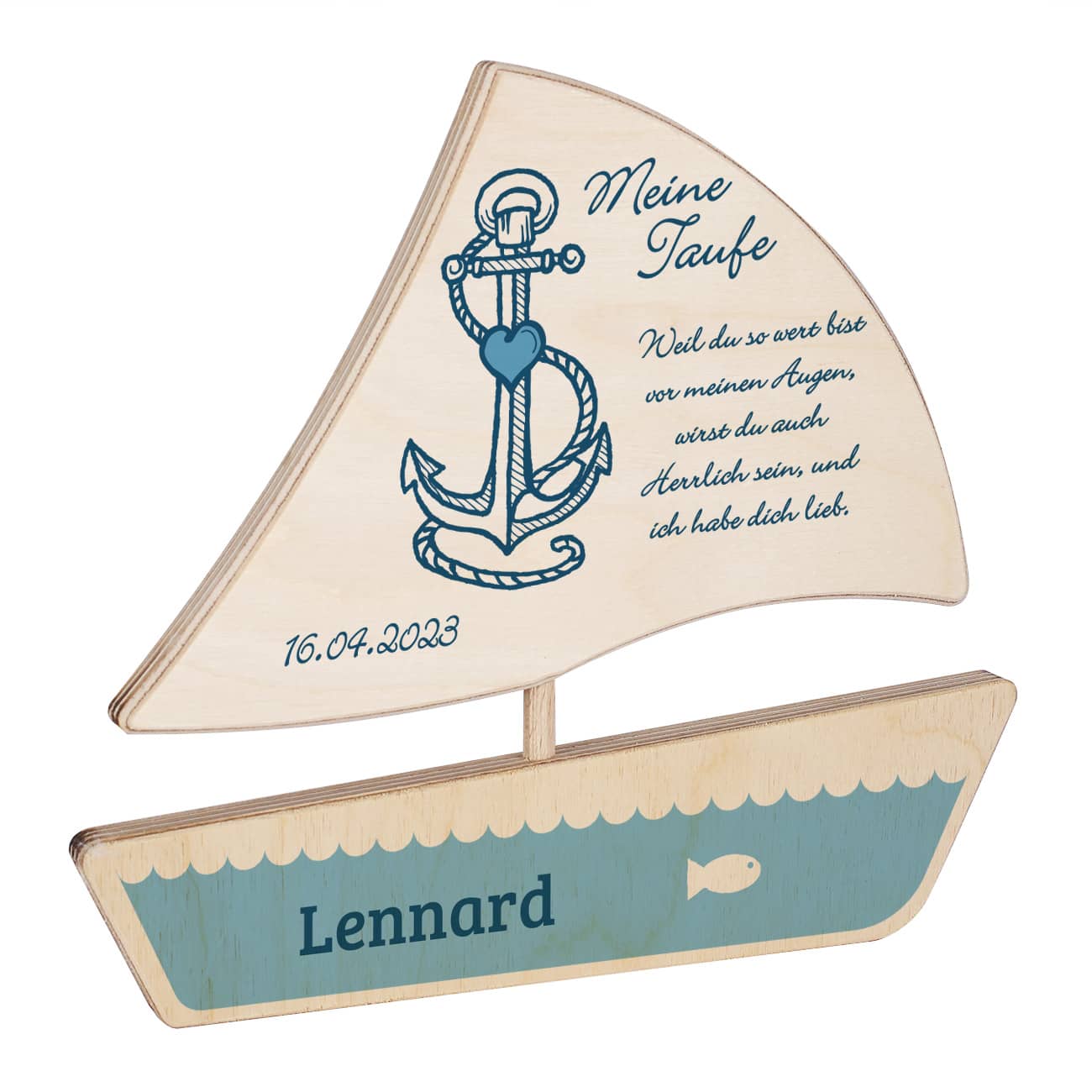 Holzboot mit Anker einem persönlichen Text und Ihren Wunschangaben 