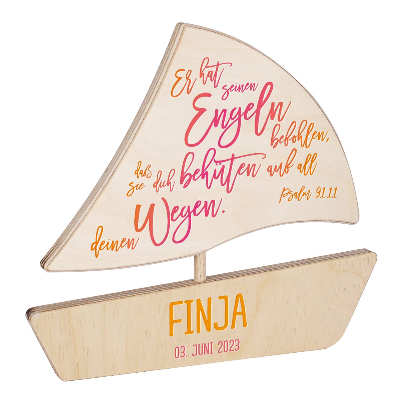 Holzboot bedruckt mit Psalm 91,11, Name und Datum