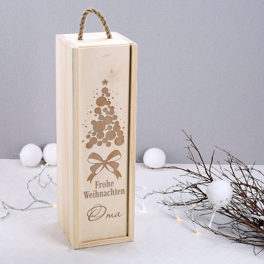 Frohe Weihnachten - Flaschenverpackung aus Holz mit Gravur