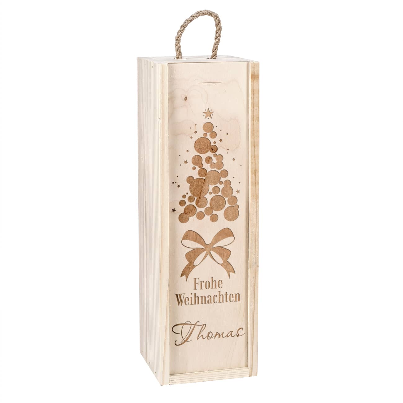 Frohe Weihnachten - Weinverpackung aus Holz mit Tannenbaum und Name gestaltet