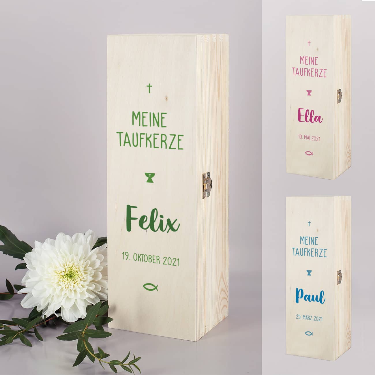 Verpackung für Taufkerzen - Holzbox mit Name und Datum in drei Farben zur Auswahl