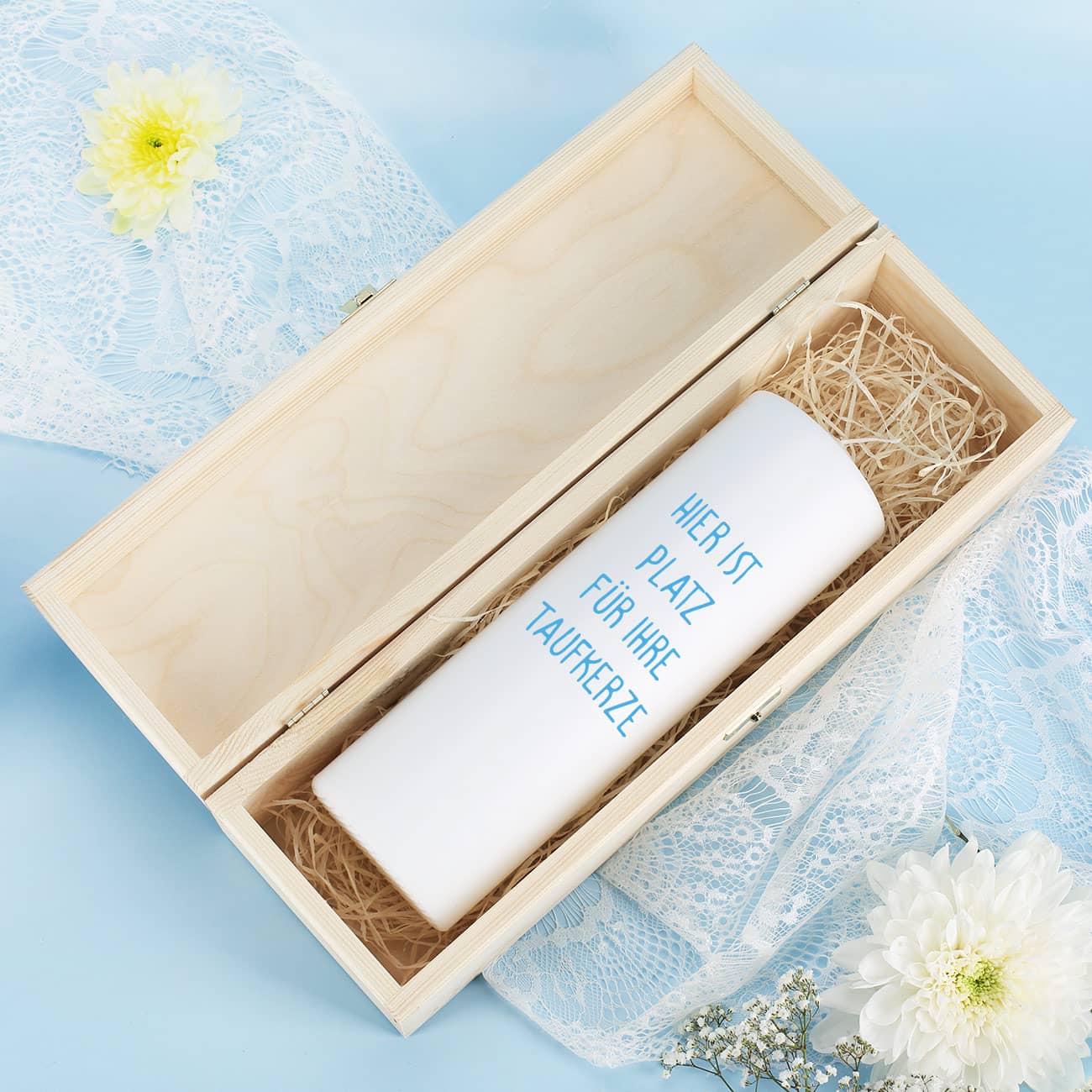 Verpackung Taufkerze - Holzbox mit Name und Datum mit Aufdruck in blau - Innen