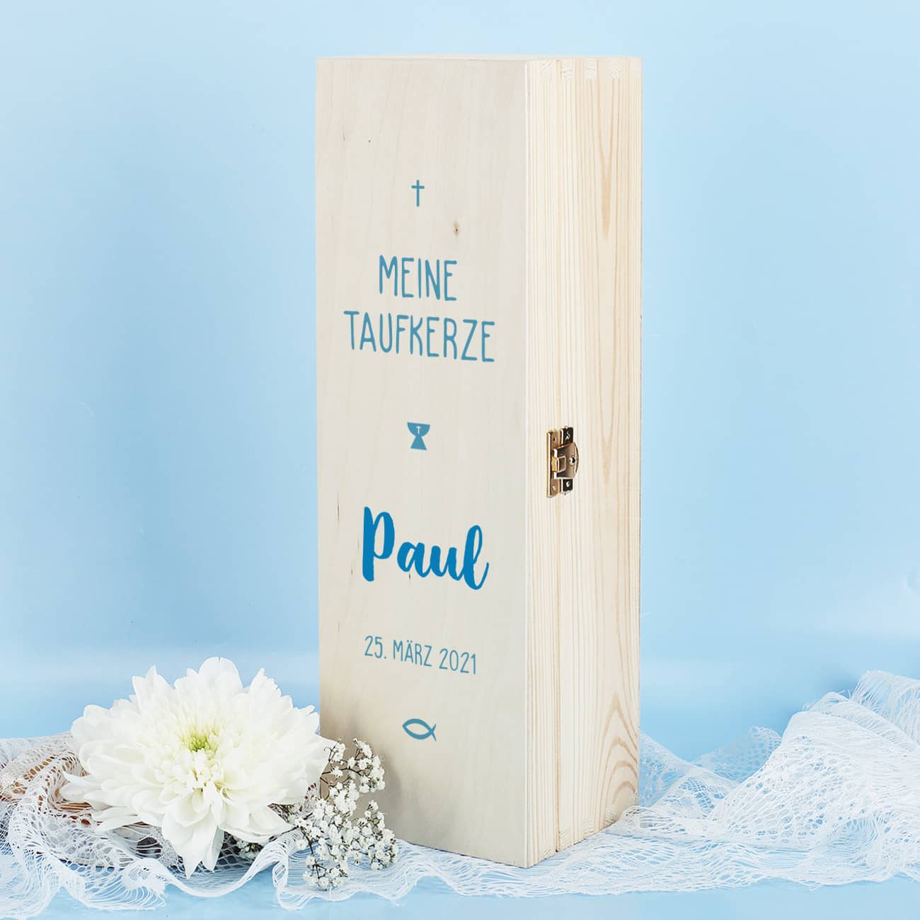 Verpackung Taufkerze - Holzbox mit Name und Datum mit Aufdruck in blau