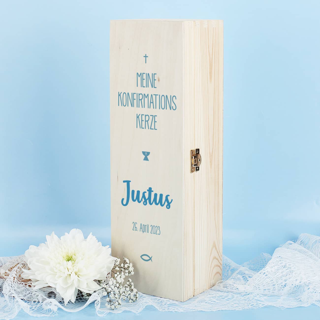 Kerzenbox zur Konfirmation - mit Name und Datum in blau