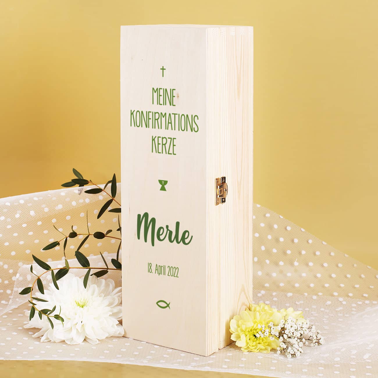Kerzenbox zur Konfirmation - mit Name und Datum in grün