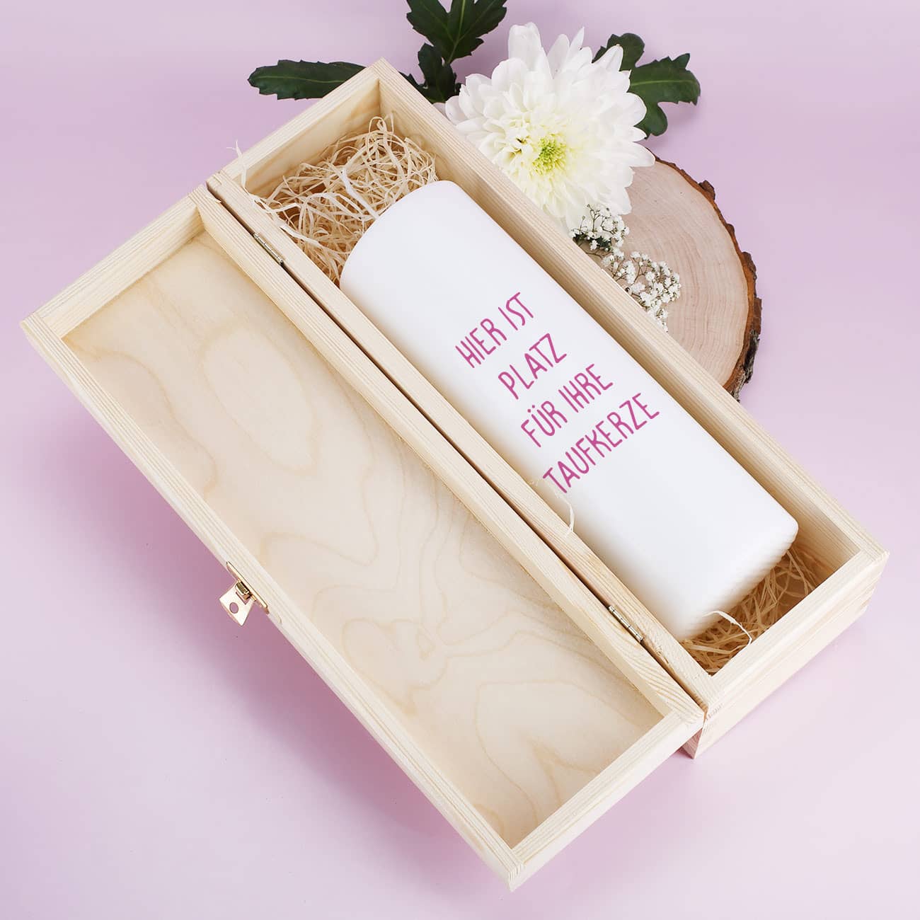 Verpackung Taufkerze - Holzbox mit Name und Datum - Innen